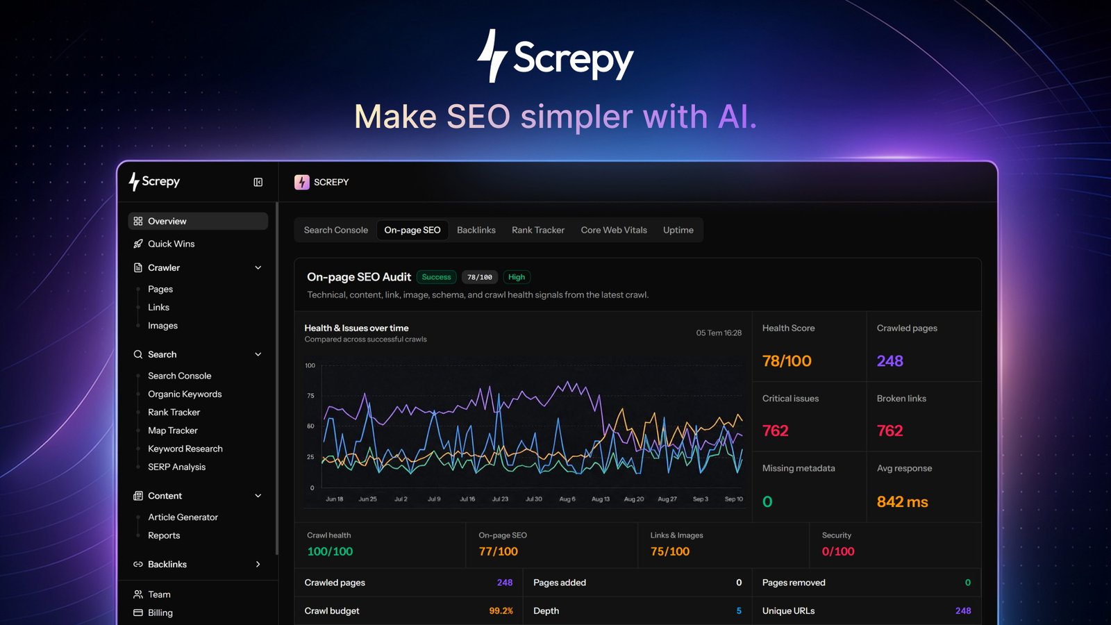 واجهة أداة Screpy لتحليل المواقع وتتبع الكلمات المفتاحية