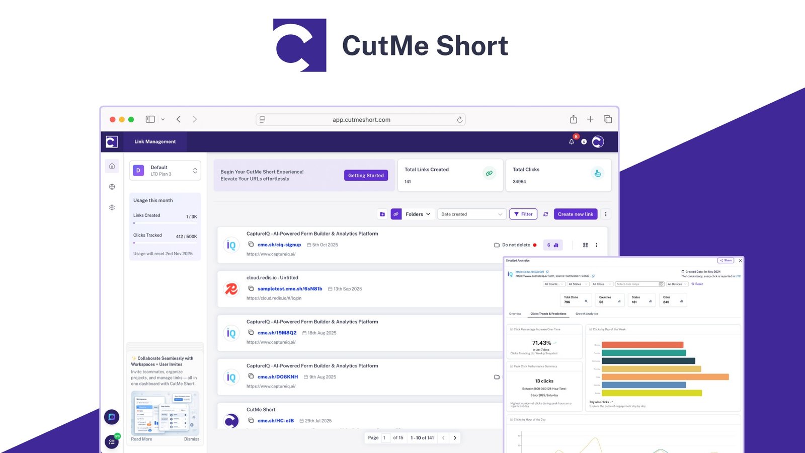 واجهة أداة CutMe Short لتقصير الروابط وتحليل النقرات