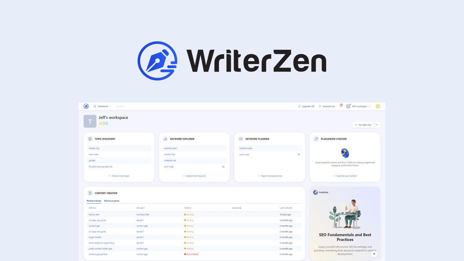 واجهة منصة WriterZen لمحتوى SEO