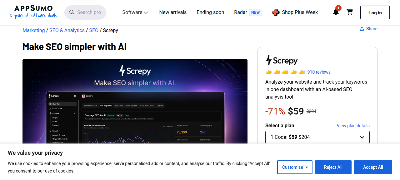 باقات وأسعار Screpy على AppSumo