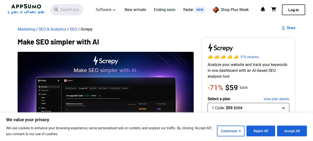لوحة تحليل SEO في Screpy تعرض فحص الموقع وتتبع الكلمات المفتاحية