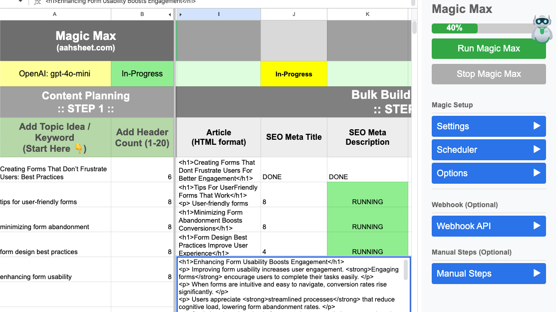 إنشاء محتوى SEO بالجملة داخل AahSheet