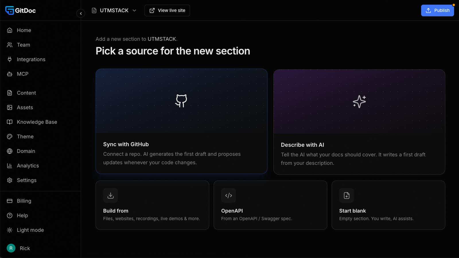توليد التوثيق في GitDoc من مستودع GitHub أو مواصفات API