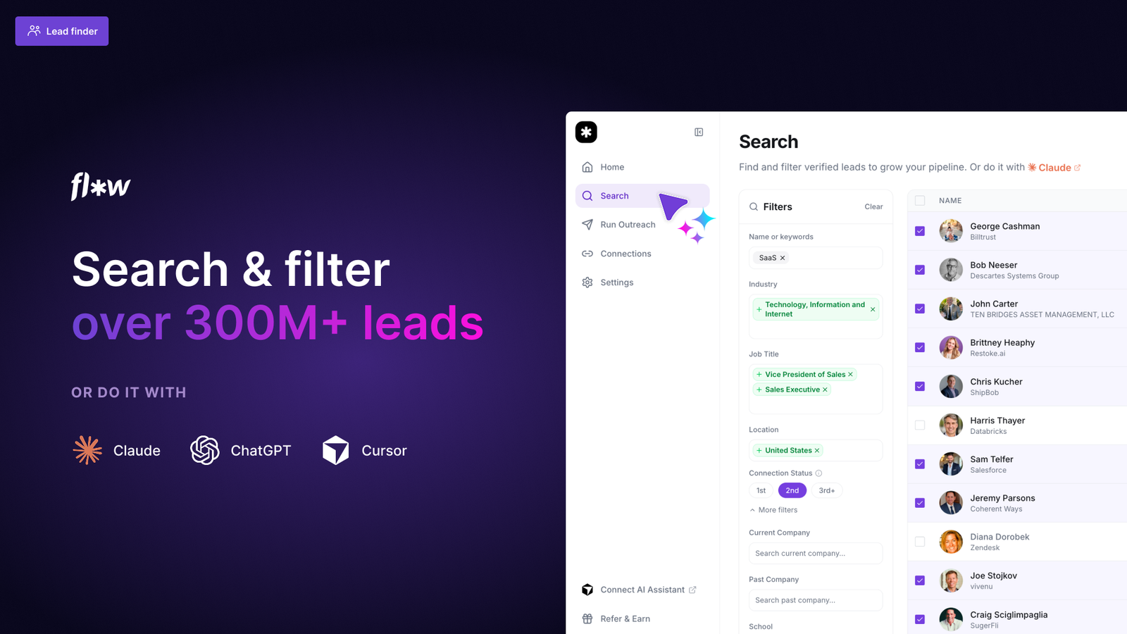 شاشة البحث عن العملاء المحتملين في Flow AI